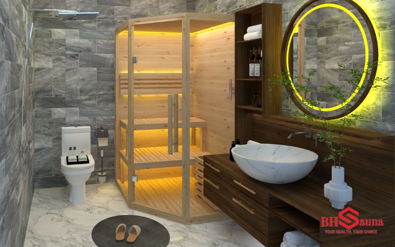 Phòng xông hơi kết hợp phòng tắm tinh tế, sang trọng Diện tích tối thiểu để lắp đặt phòng tắm kết hợp phòng xông hơi là 10m2