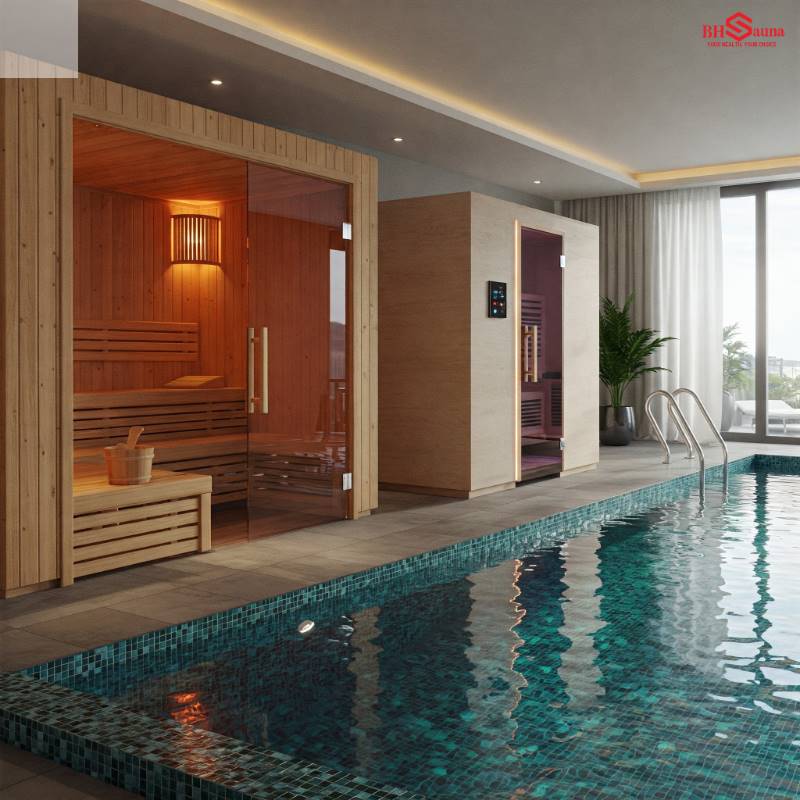 10+ Mẫu phòng xông hơi kết hợp hồ bơi trong nhà đẹp nhất 2025 Hồ bơi hiện đại hợp phòng xông hơi khô