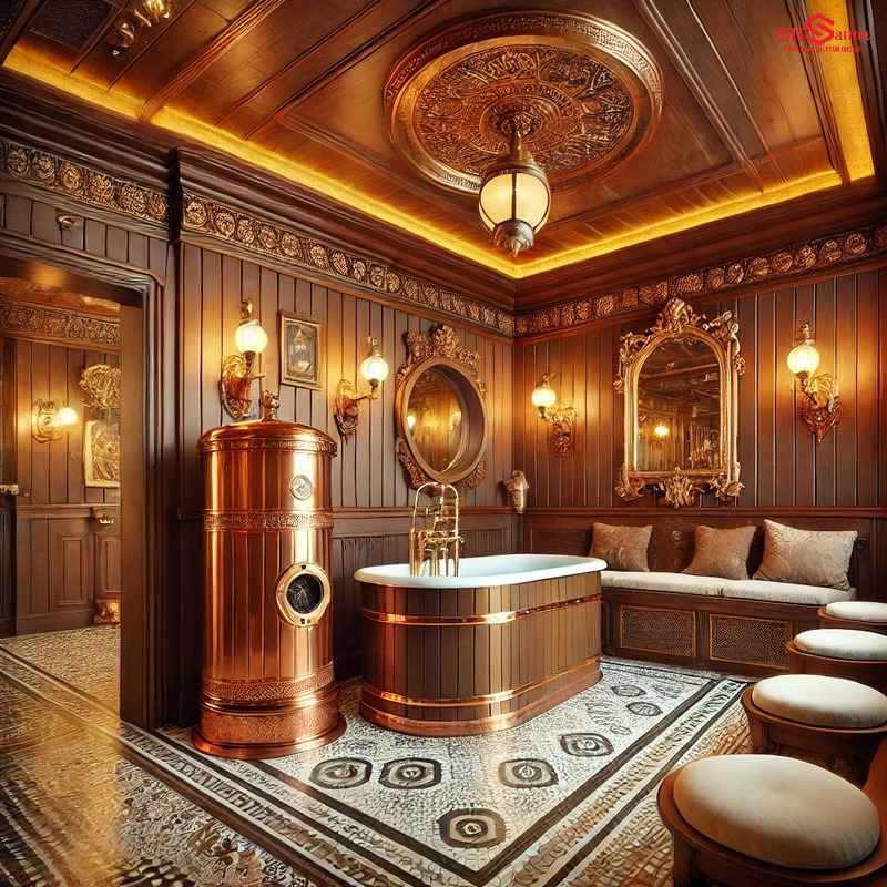 10+ Mẫu phòng xông hơi phong cách Vintage cổ điển ấn tượng Thiết kế phòng xông hơi Vintage kết hợp gỗ và kim loại đồng