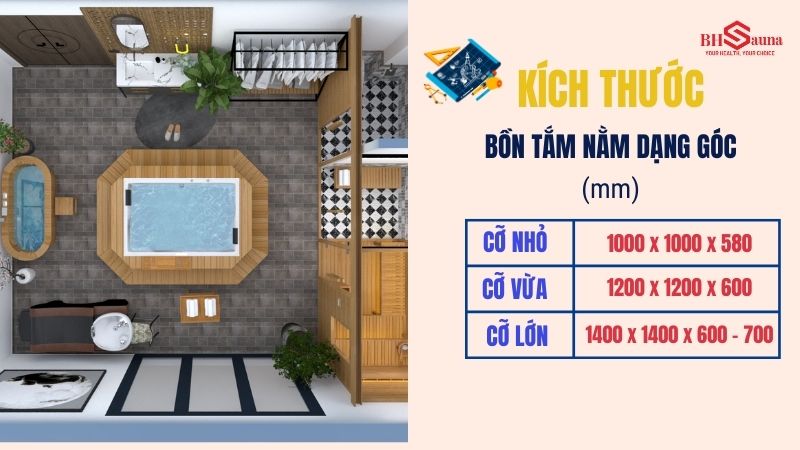 Kích thước bồn tắm nằm chuẩn cho mọi không gian phòng tắm Kích thước bồn tắm nằm dạng góc