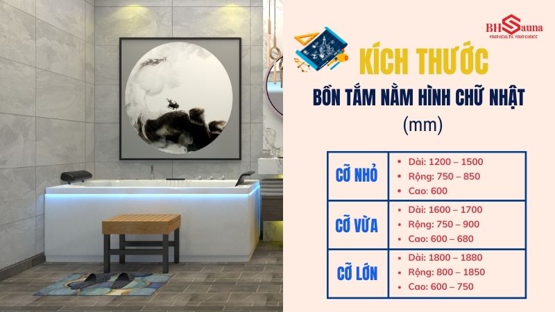 Kích thước bồn tắm nằm chuẩn cho mọi không gian phòng tắm Kích thước bồn tắm nằm hình chữ nhật