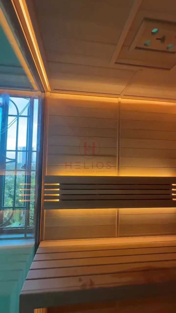 Phòng xông hơi Anh Bình Đông Trù Bố trí ghế và cửa sổ bên trong sauna