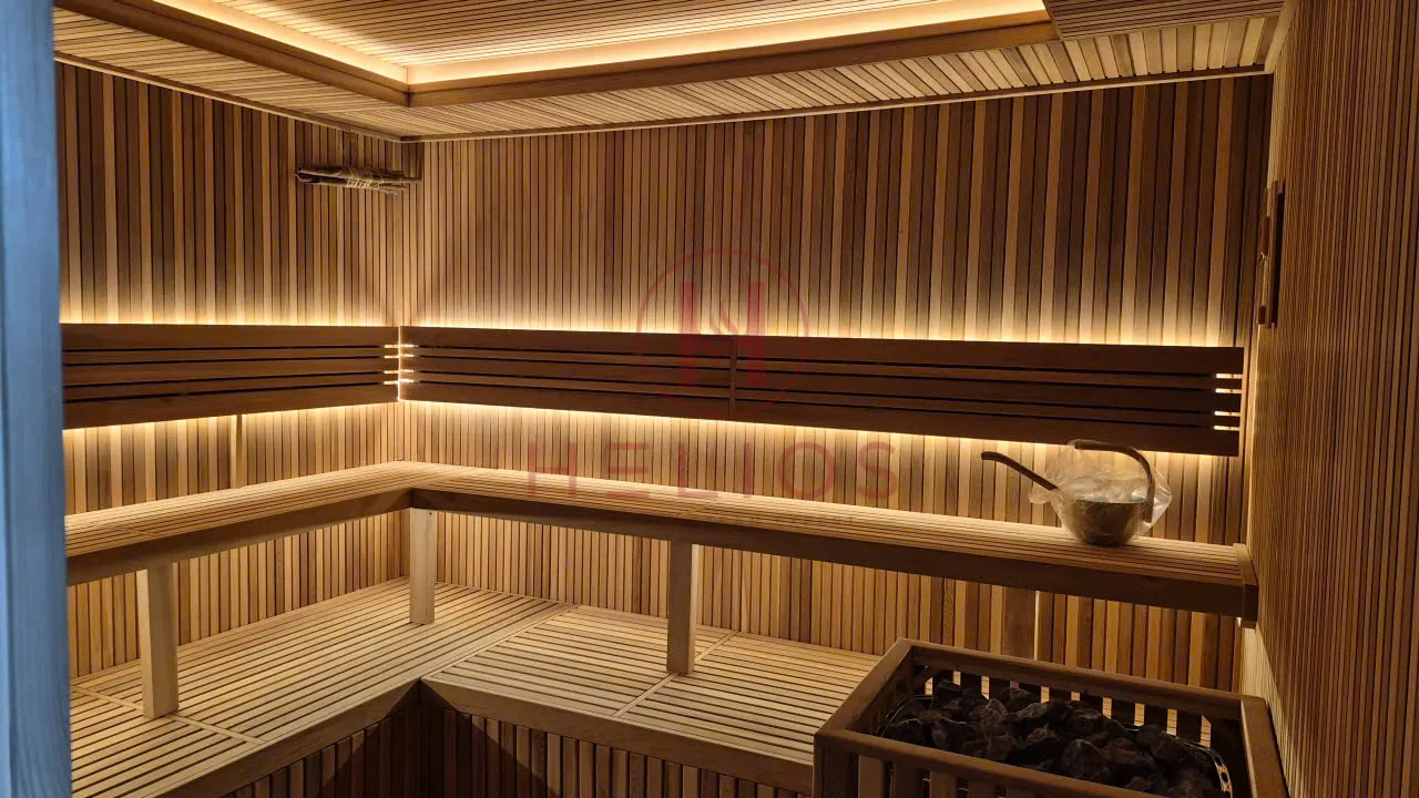 Công trình sauna Vũng Tàu Hai tầng ghế góc và khu vực đặt máy xông tại Vũng Tàu